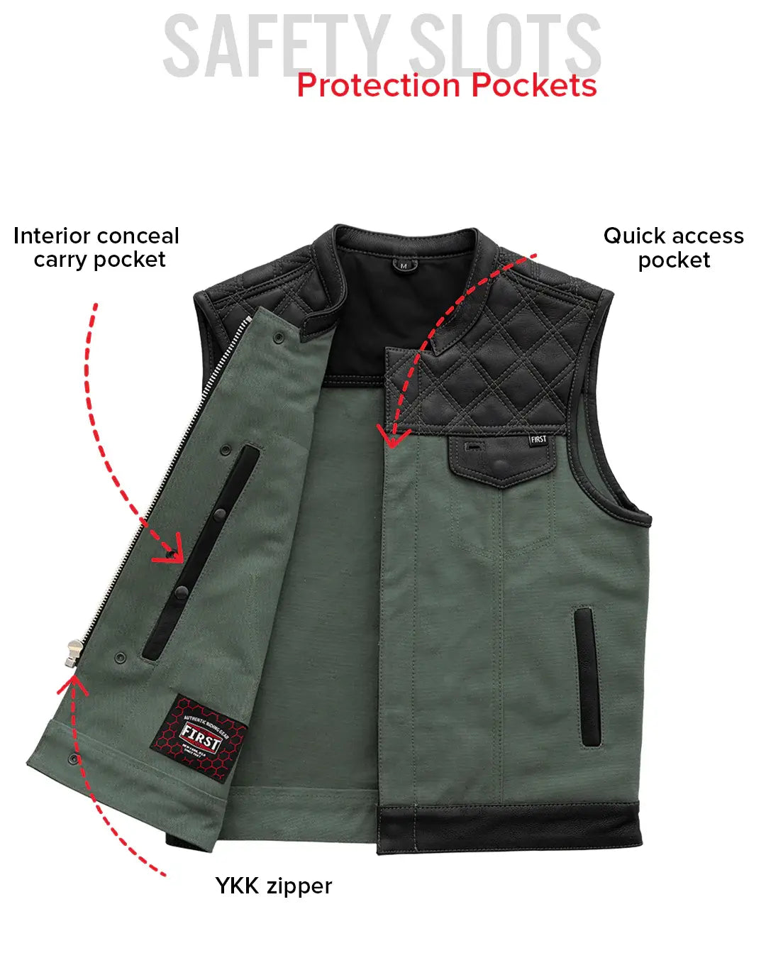 Hunt Club Motorcycle Leather Canvas Vest Green - First Manufacturing Company - Flyclothing LLC