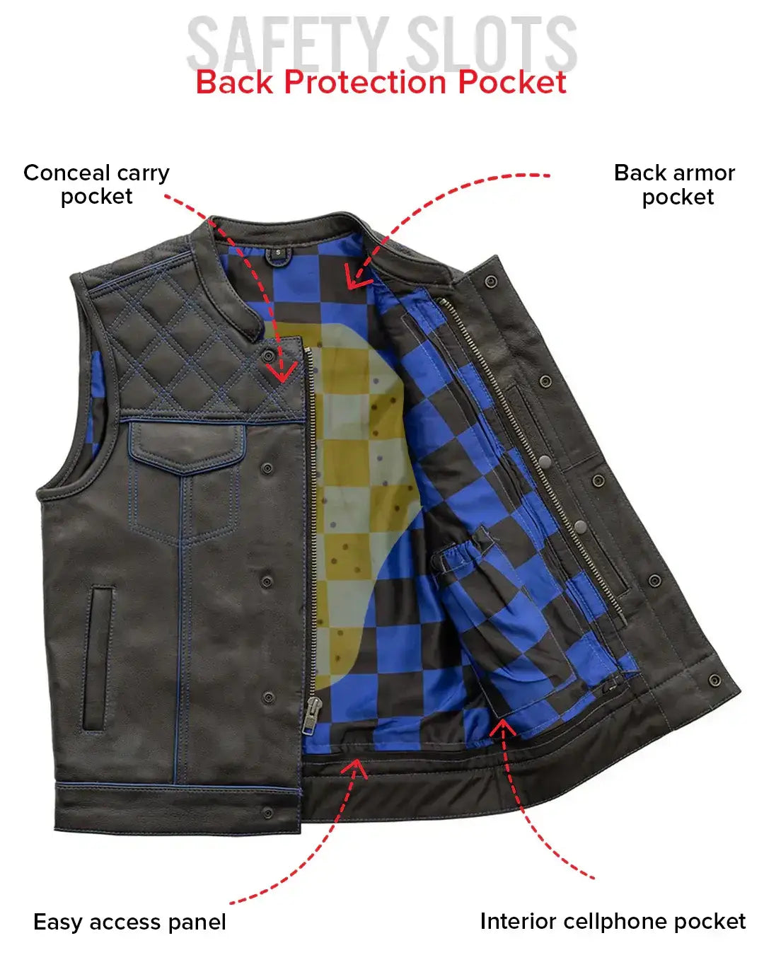 Finish Line - Blue Checker - Men's Motorcycle Leather Vest - First Manufacturing Company - Flyclothing LLC