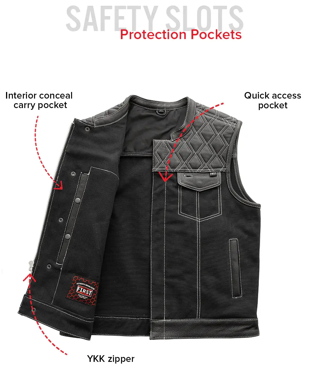 Hunt Club Motorcycle Leather Canvas Vest White Stitch - First Manufacturing Company - Flyclothing LLC