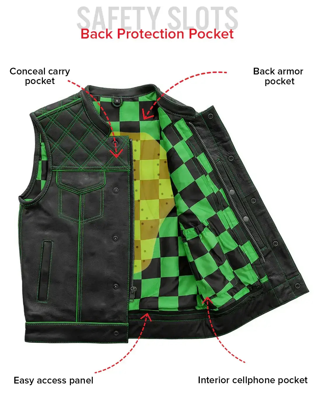 Finish Line - Green Checker - Men's Motorcycle Leather Vest - First Manufacturing Company - Flyclothing LLC
