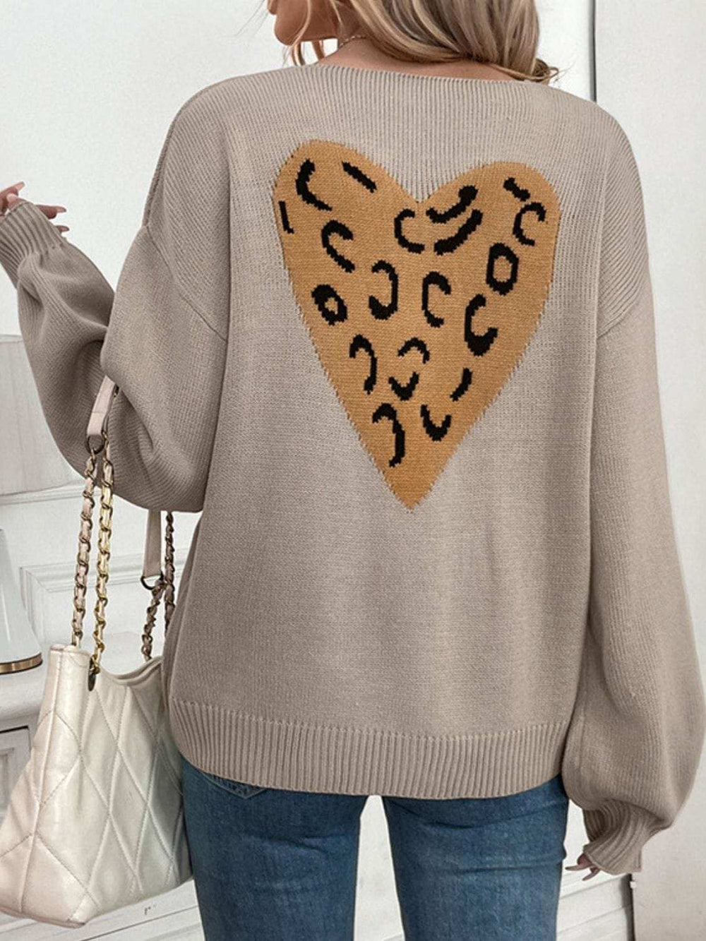 Perfee Tied Contrast Heart V-Neck Long Sleeve Cardigan - Trendsi - Flyclothing LLC