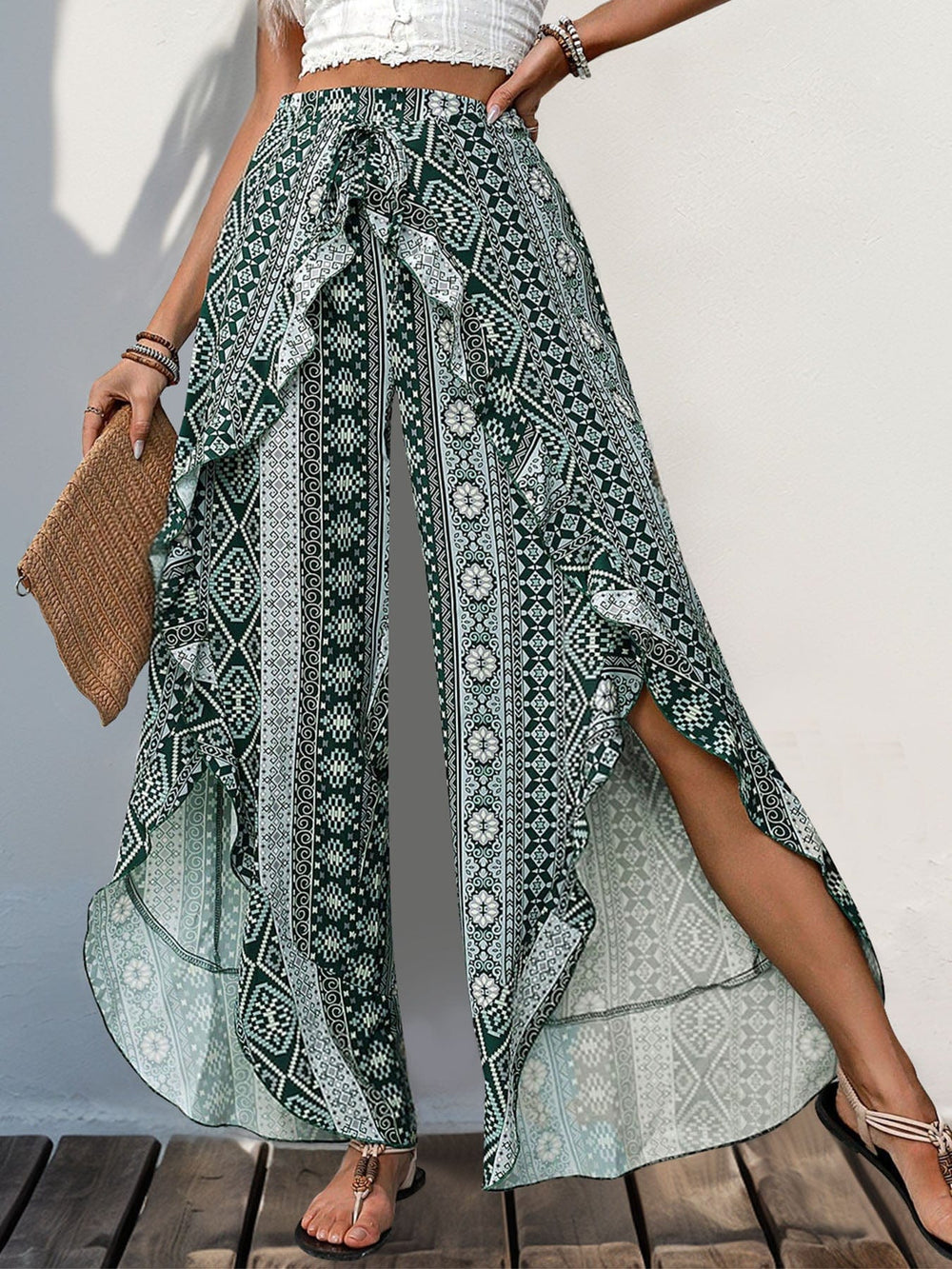 Slit Ruffled Geometric Wide Leg Pants - Trendsi