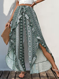 Slit Ruffled Geometric Wide Leg Pants - Trendsi