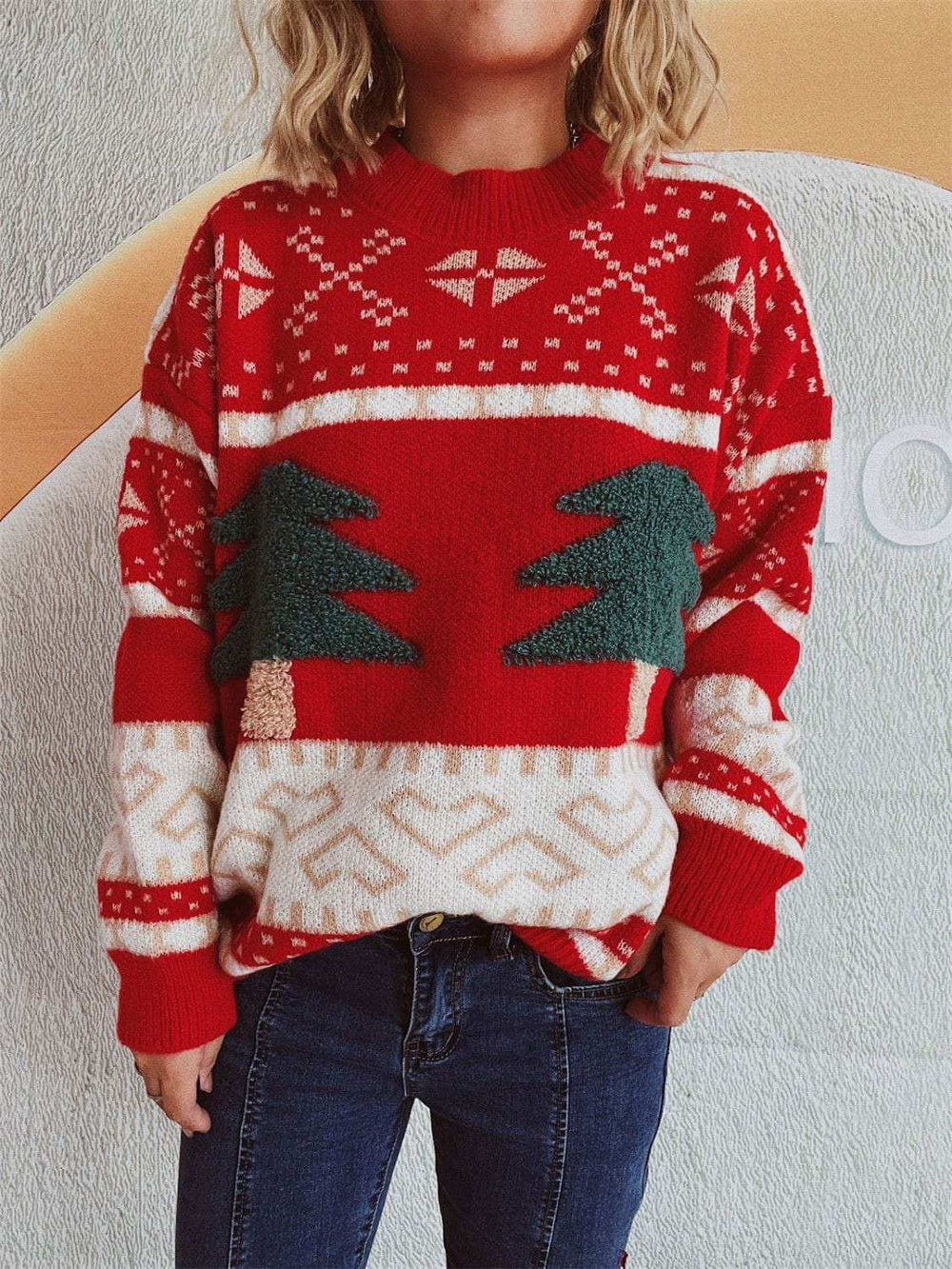 Christmas Tree Mock Neck Long Sleeve Sweater - Trendsi - Flyclothing LLC