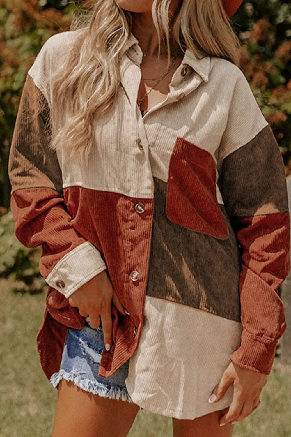 Color Block Curved Hem Corduroy Shacket with Pocket - Trendsi - Flyclothing LLC