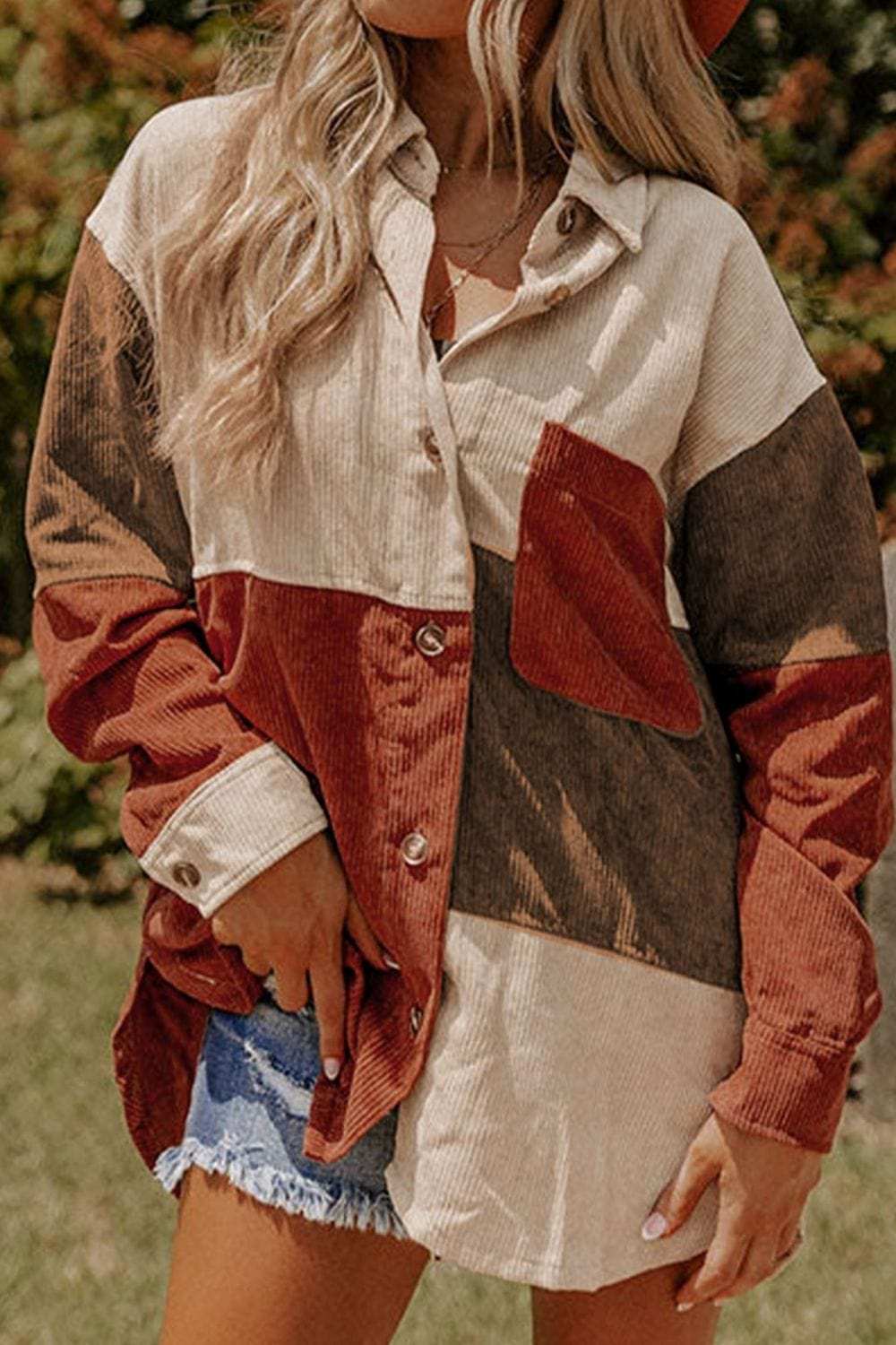 Color Block Curved Hem Corduroy Shacket with Pocket - Trendsi - Flyclothing LLC