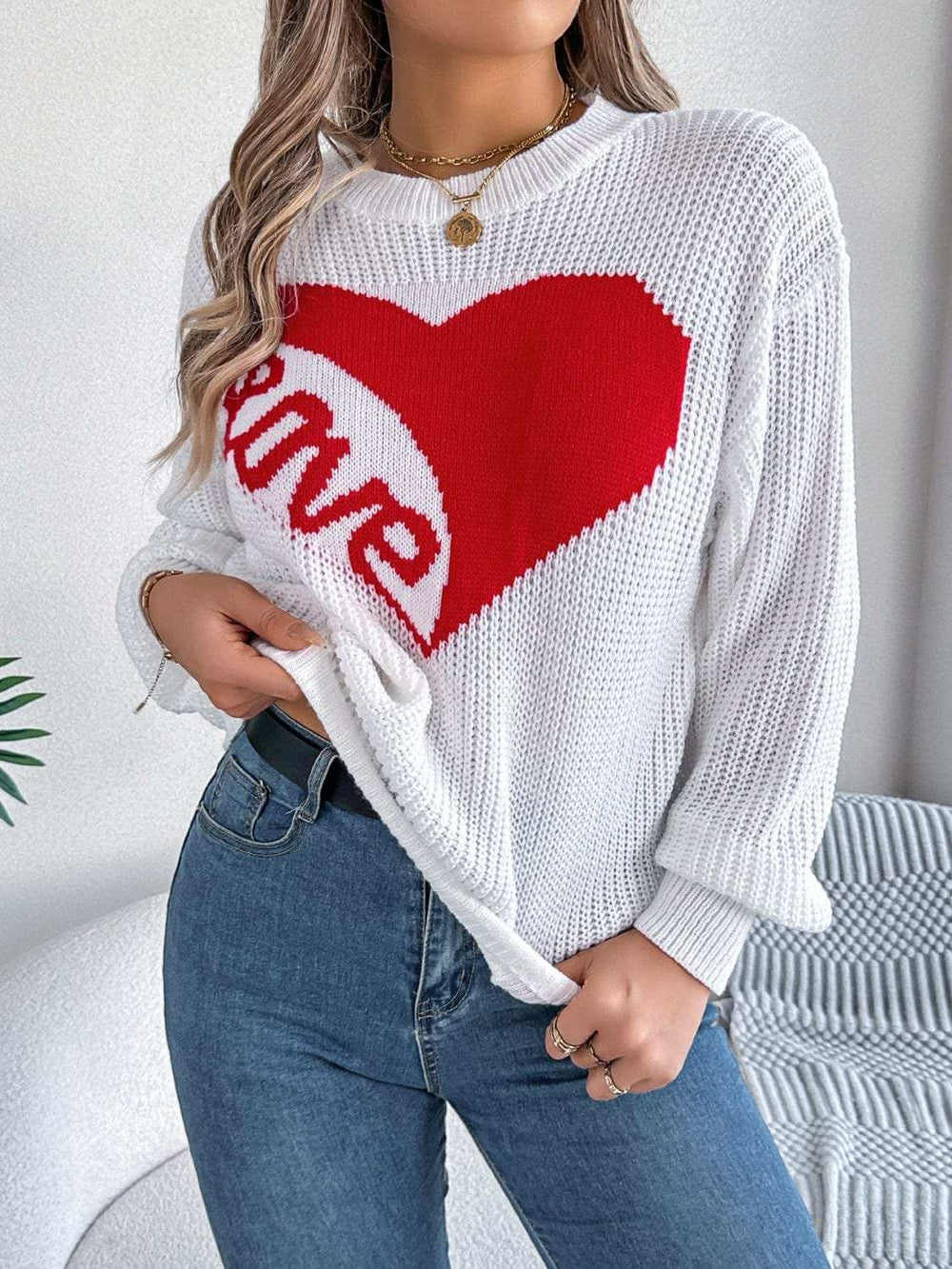 LOVE Heart Round Neck Dropped Shoulder Sweater - Trendsi - Flyclothing LLC