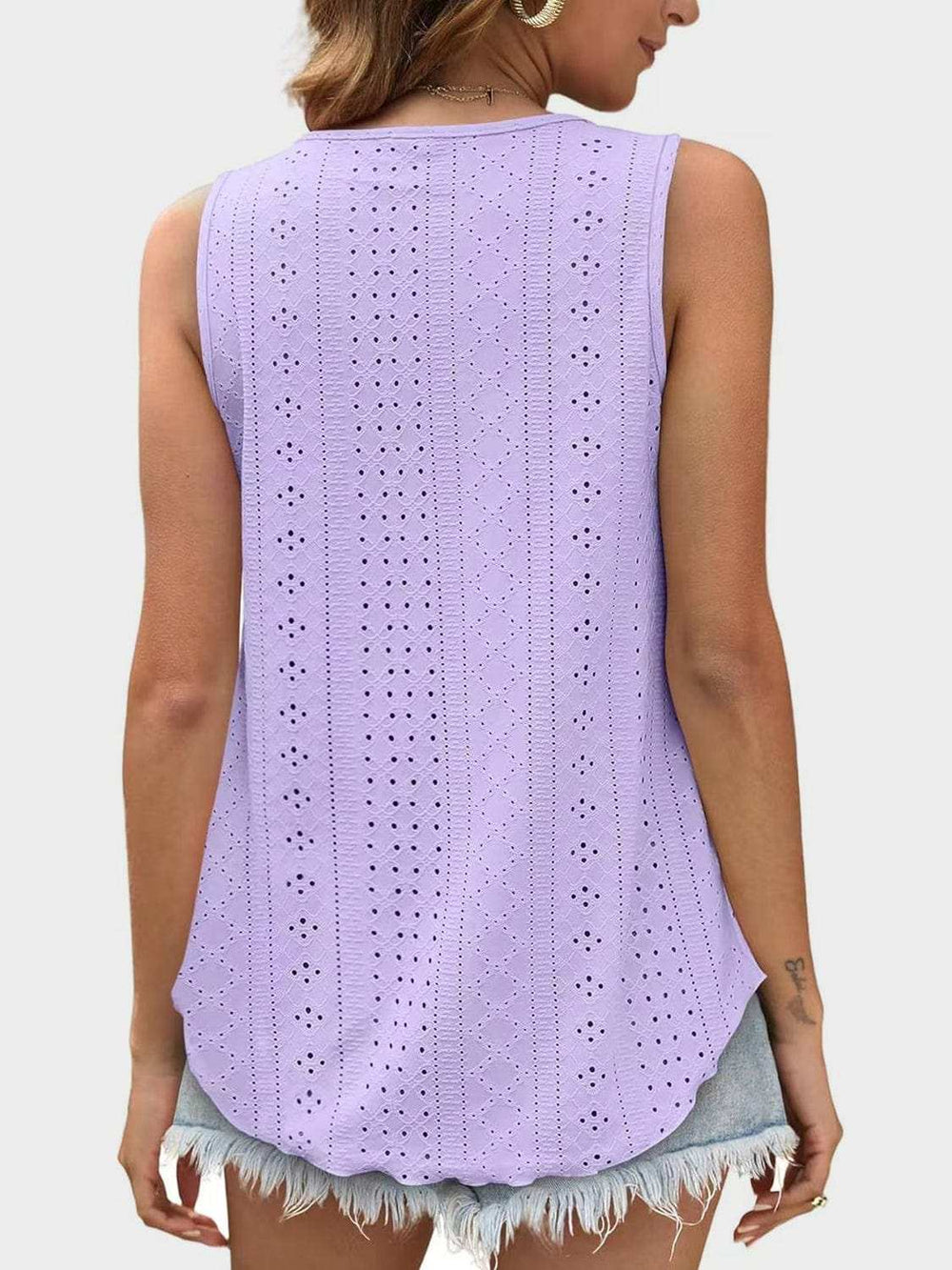 Florira Eyelet Round Neck Tank - Trendsi - Flyclothing LLC