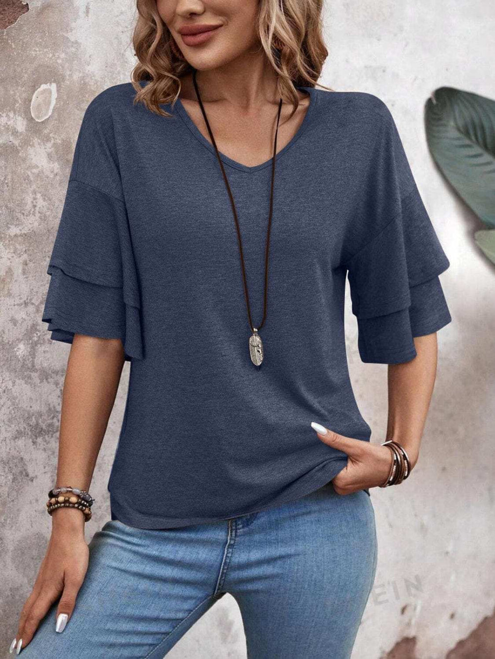 V-Neck Half Sleeve Blouse - Trendsi - Flyclothing LLC