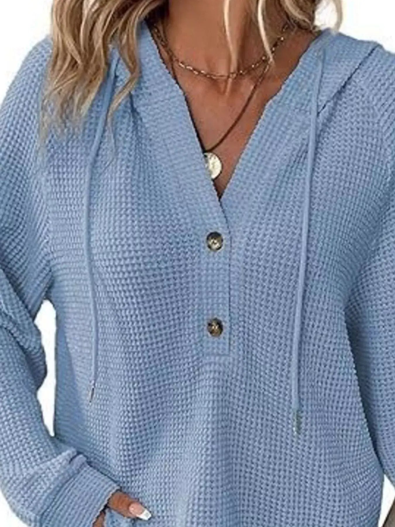Full Size Button Detail Waffle Knit Hoodie Plus Size - Trendsi - Flyclothing LLC