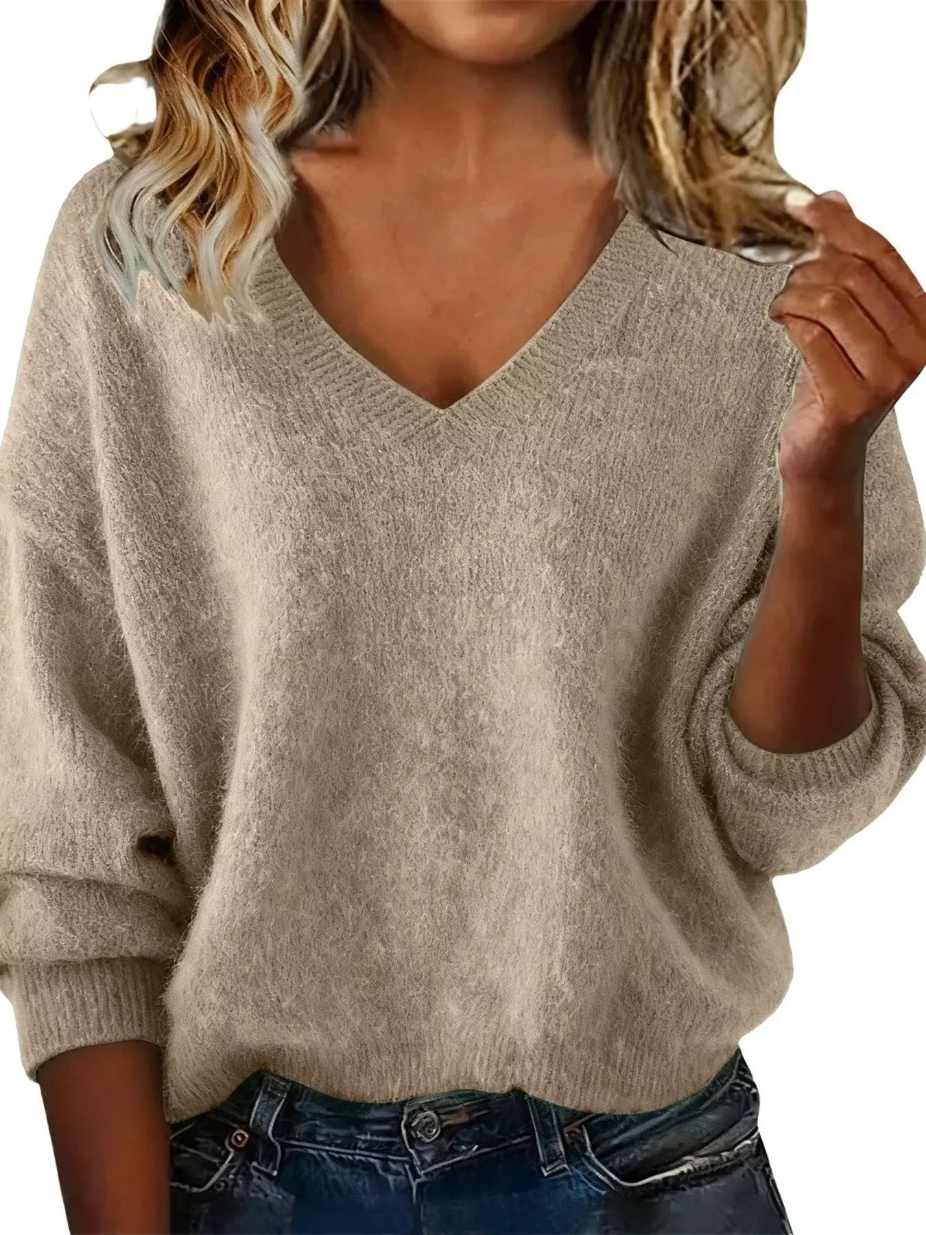 Full Size V-Neck Dropped Shoulder Sweater Plus Size - Trendsi - Flyclothing LLC
