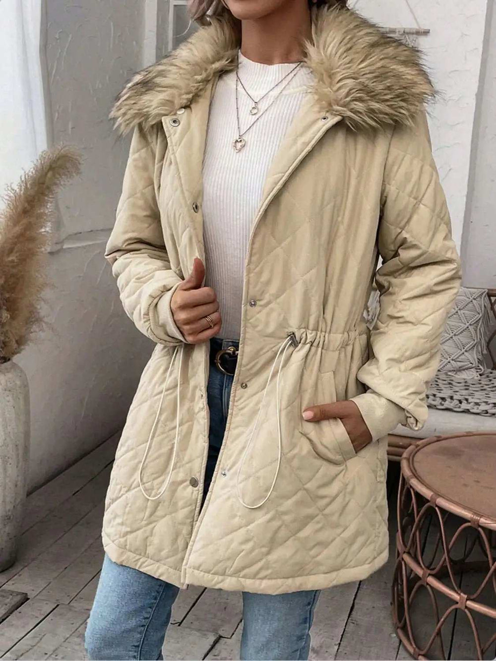 Drawstring Snap Down Long Sleeve Outerwear - Trendsi - Flyclothing LLC