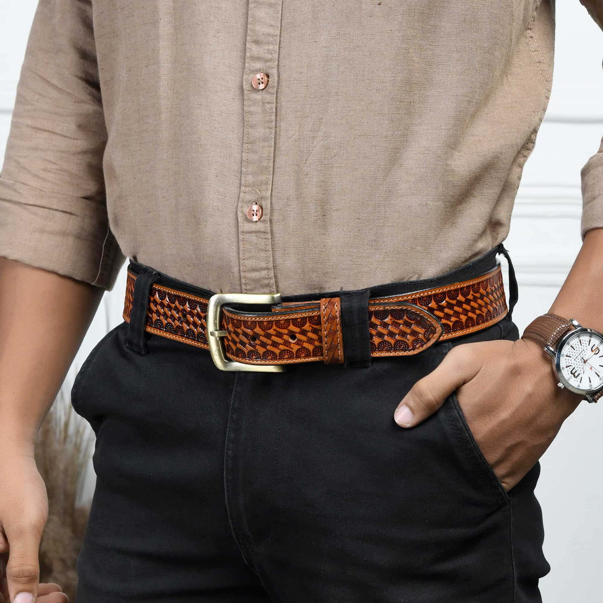 Modern Western Leather Belt - Classy Leather Bags - Flyclothing LLC