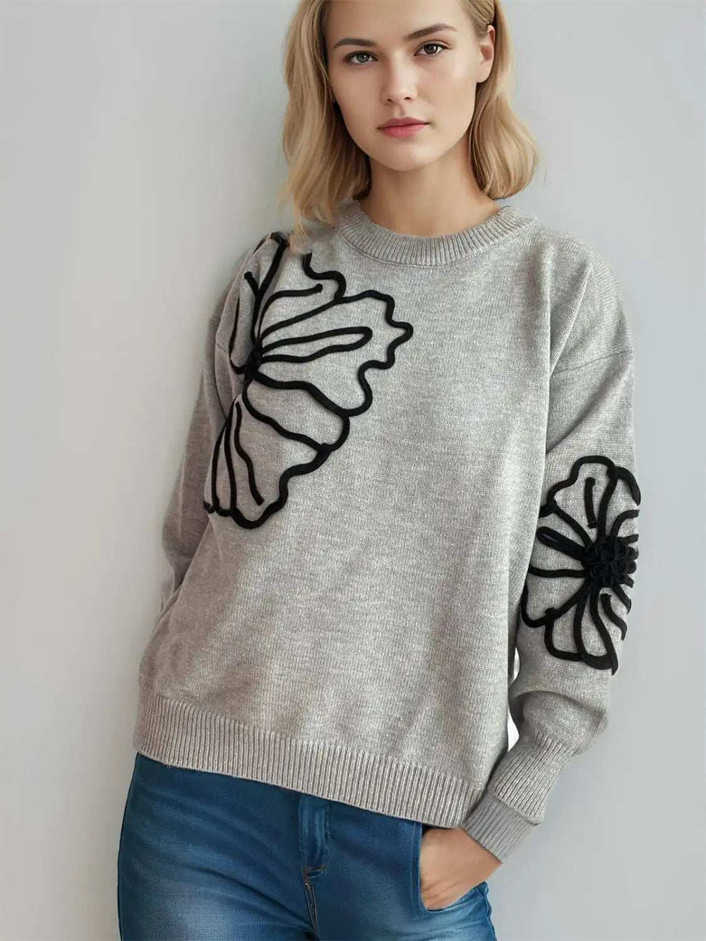 Flower Round Neck Long Sleeve Sweater - Trendsi - Flyclothing LLC