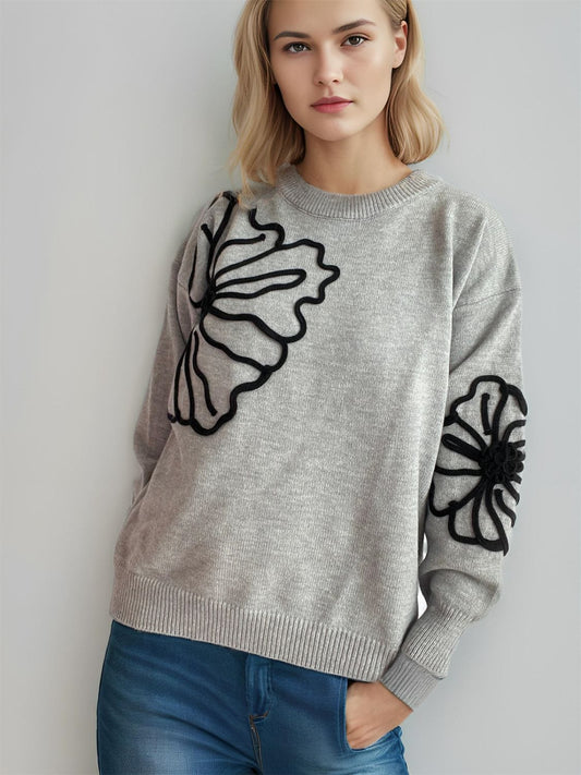 Flower Round Neck Long Sleeve Sweater - Trendsi