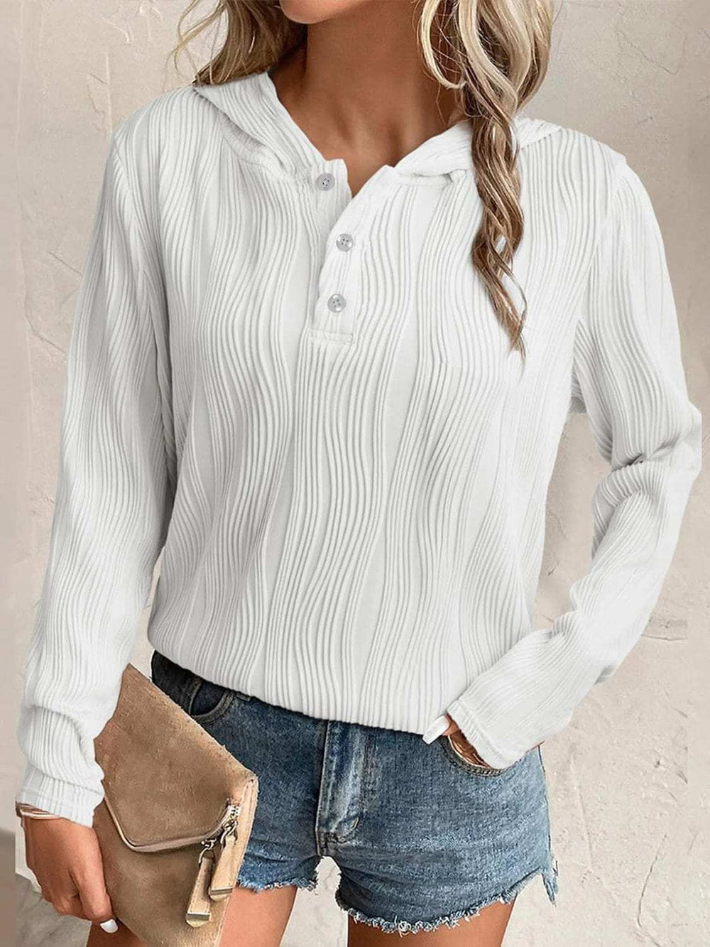 Textured Long Sleeve Hoodie - Trendsi - Flyclothing LLC