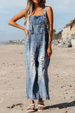 Distressed Bib Pocket Wide Leg Denim Overalls - Trendsi