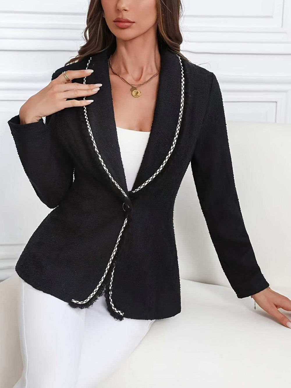 Single-Breasted Lapel Collar Blazer - Trendsi - Flyclothing LLC