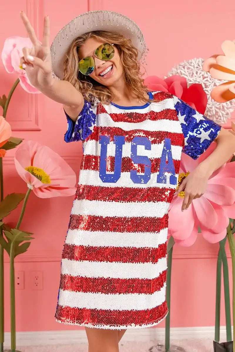 BiBi American Flag Theme Usa Print Sequin Dress - Trendsi - Flyclothing LLC