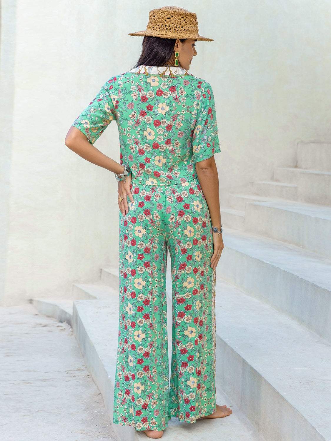 Printed Half Sleeve Top and Wide Leg Pants Set - Trendsi - Flyclothing LLC