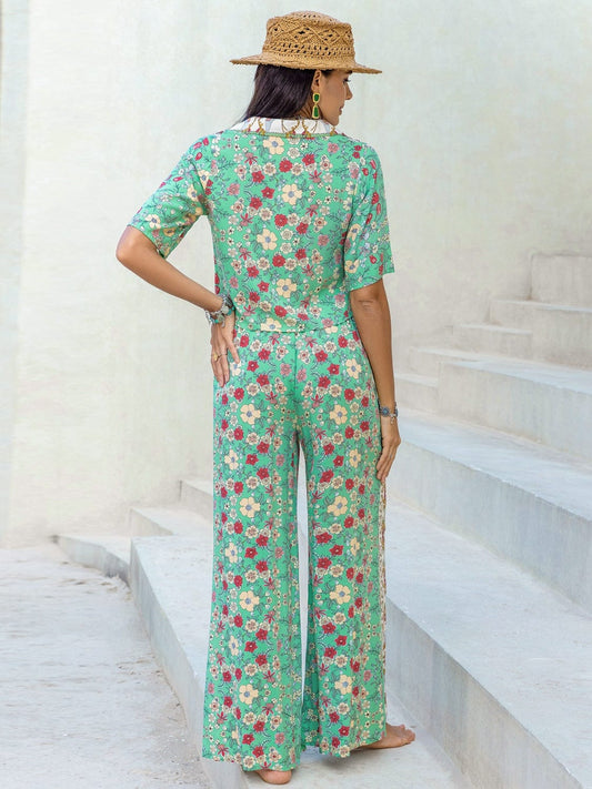 Printed Half Sleeve Top and Wide Leg Pants Set - Trendsi