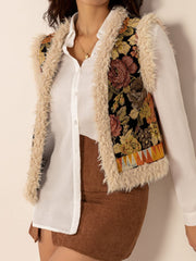 Embroidered Fuzzy Trim Open Front Vest Coat - Trendsi