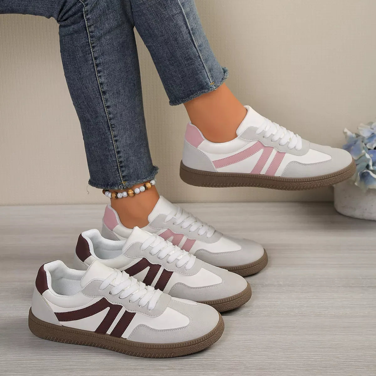 Striped Lace-Up Casual Sneakers - Trendsi - Flyclothing LLC