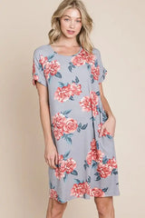 BOMBOM Floral Round Neck Short Tee Dress with Pockets - Trendsi - Flyclothing LLC