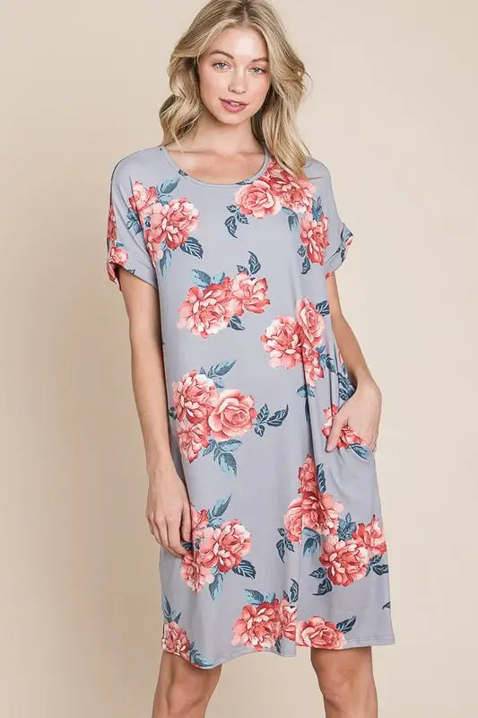 BOMBOM Floral Round Neck Short Tee Dress with Pockets - Trendsi - Flyclothing LLC