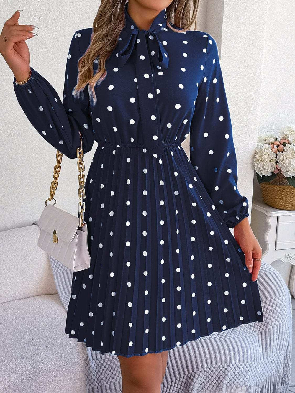 Polka Dot Tie Neck Pleated Dress - Trendsi - Flyclothing LLC