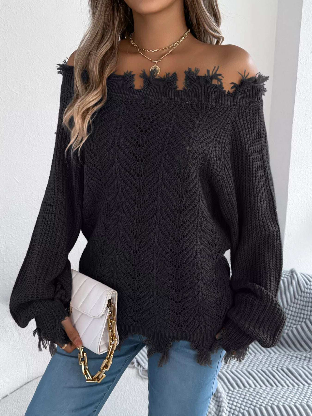 Distressed Hem Openwork Off-Shoulder Sweater - Trendsi - Flyclothing LLC