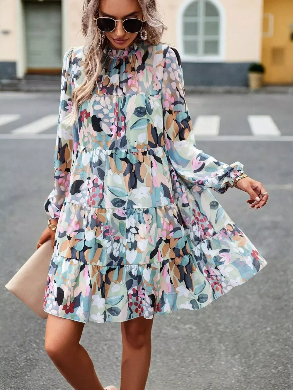 Printed Long Sleeve Mini Dress - Trendsi - Flyclothing LLC