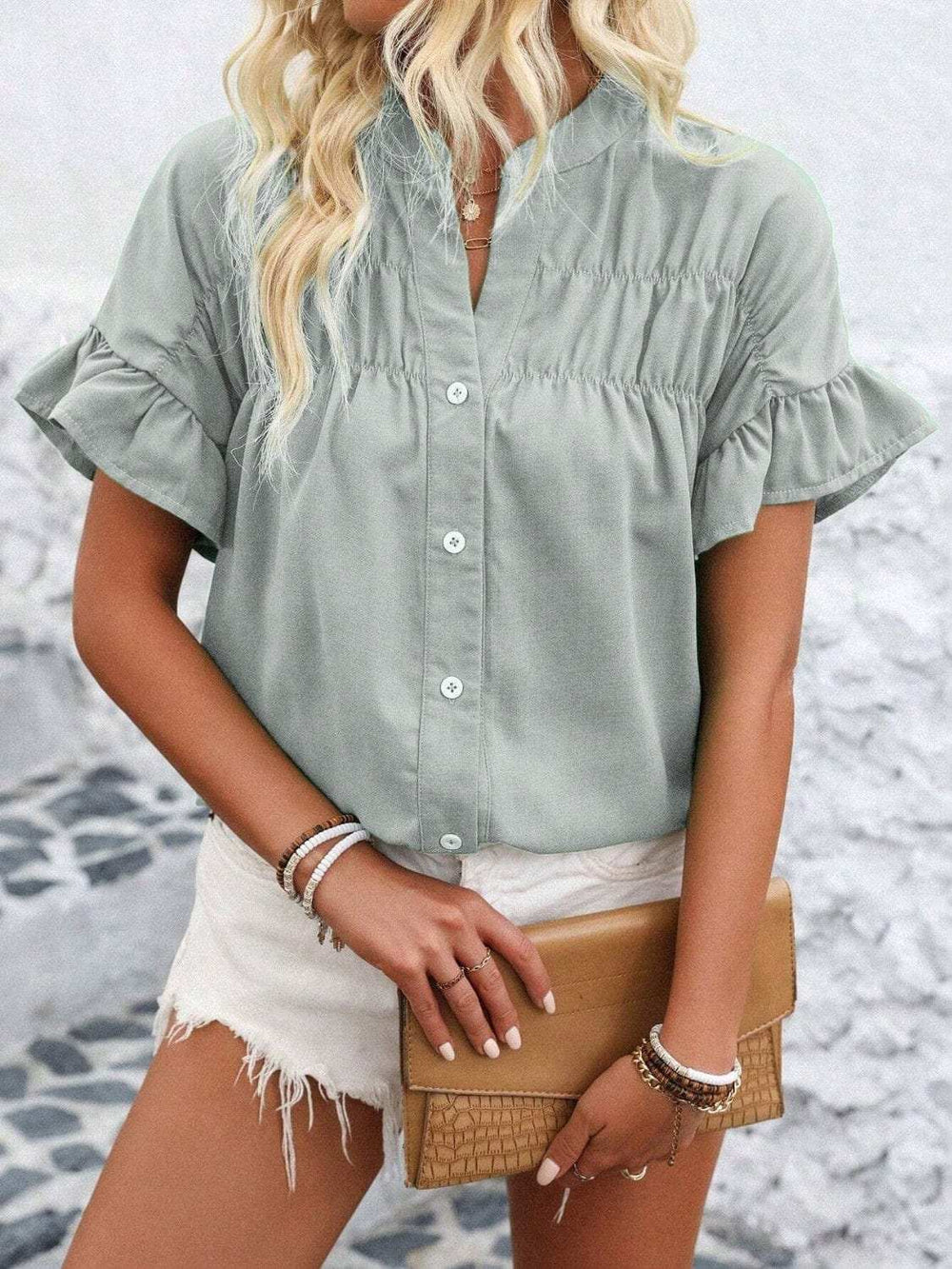 Button Down Ruffled Short Sleeve Shirt - Trendsi - Flyclothing LLC