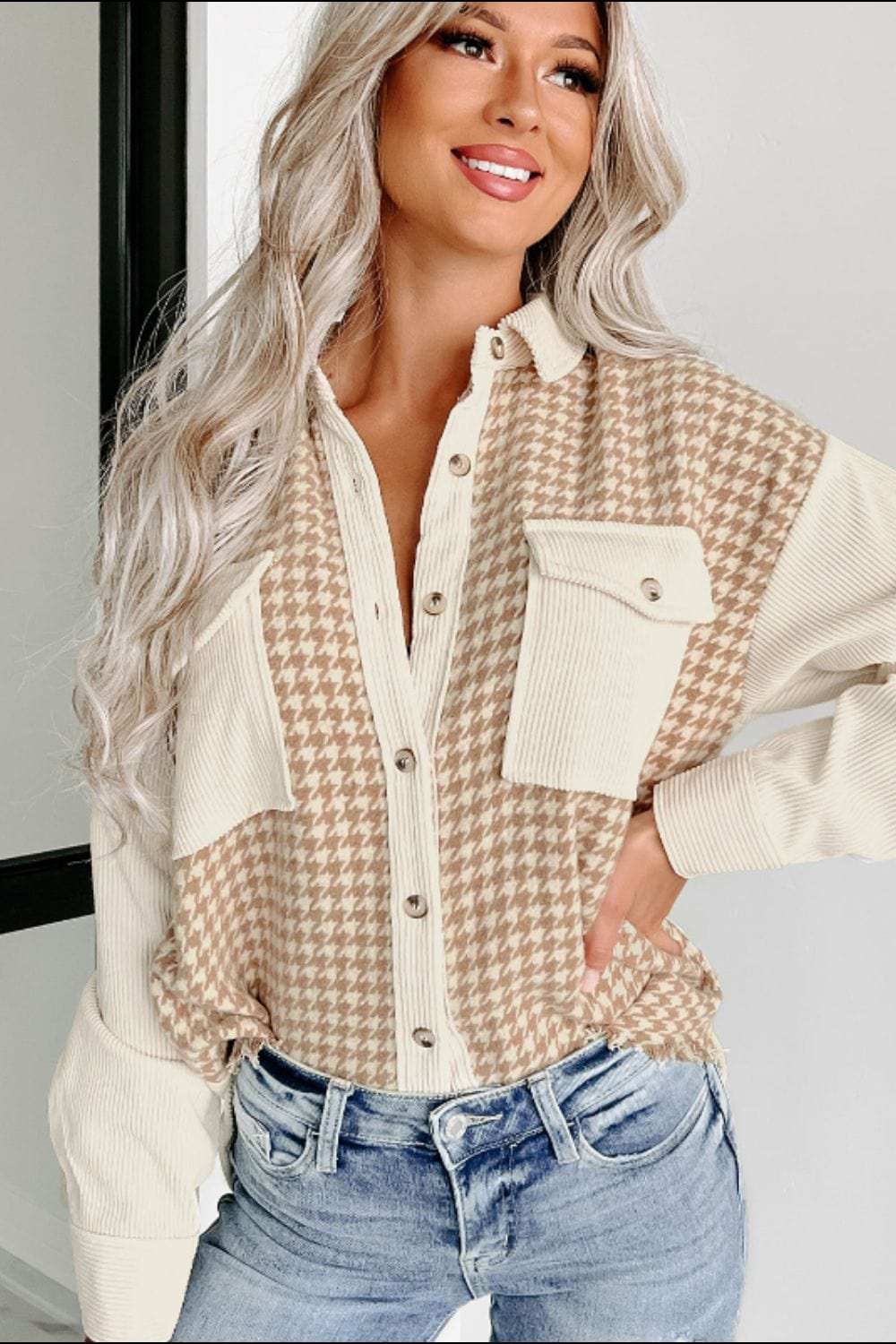 Houndstooth Button Up Long Sleeve Jacket - Trendsi - Flyclothing LLC