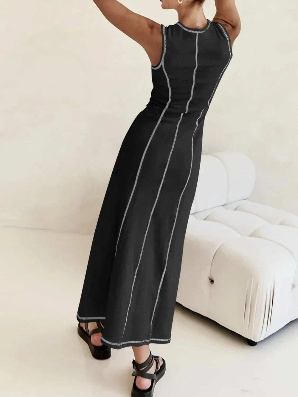 Contrast Stitching Round Neck Sleeveless Midi Dress - Trendsi - Flyclothing LLC