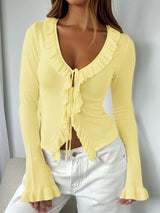 Ruffled Tie Front Flare Sleeve Shirt - Trendsi - Flyclothing LLC