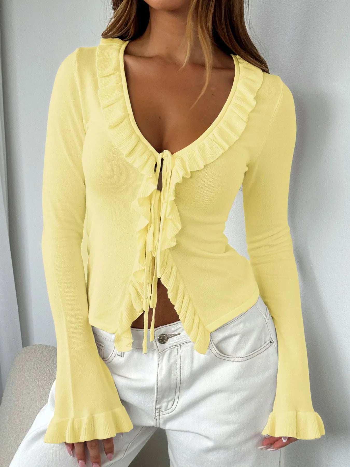Ruffled Tie Front Flare Sleeve Shirt - Trendsi - Flyclothing LLC