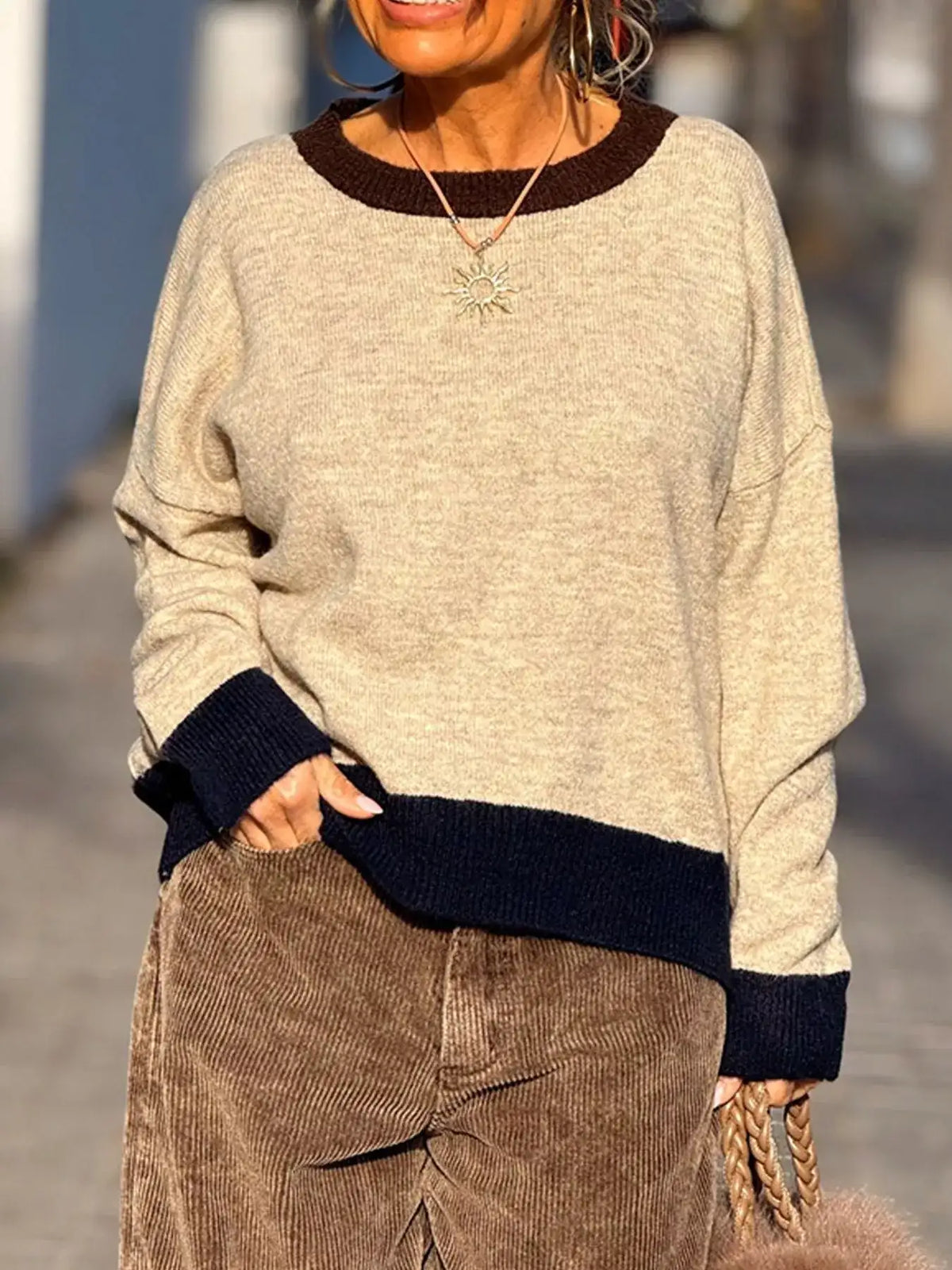 Contrast Trim Crew Neck Sweater - Trendsi - Flyclothing LLC