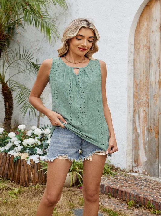 Eyelet Cutout Round Neck Tank - Trendsi - Flyclothing LLC