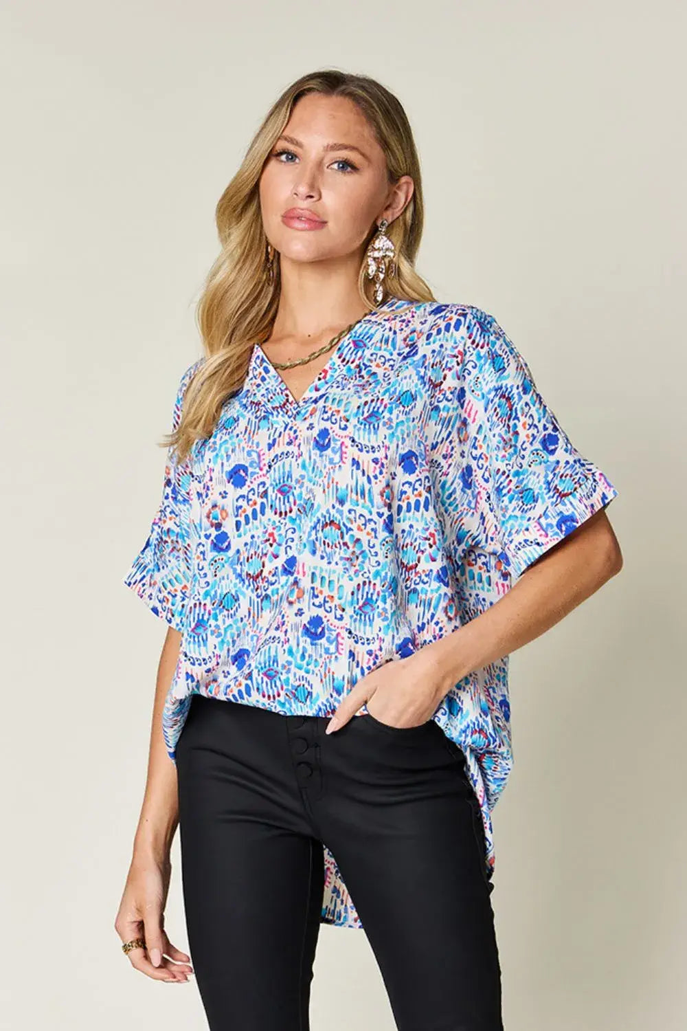 Double Take Full Size Printed V-Neck Short Sleeve Blouse - Trendsi - Flyclothing LLC