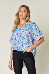 Double Take Full Size Printed V-Neck Short Sleeve Blouse - Trendsi - Flyclothing LLC