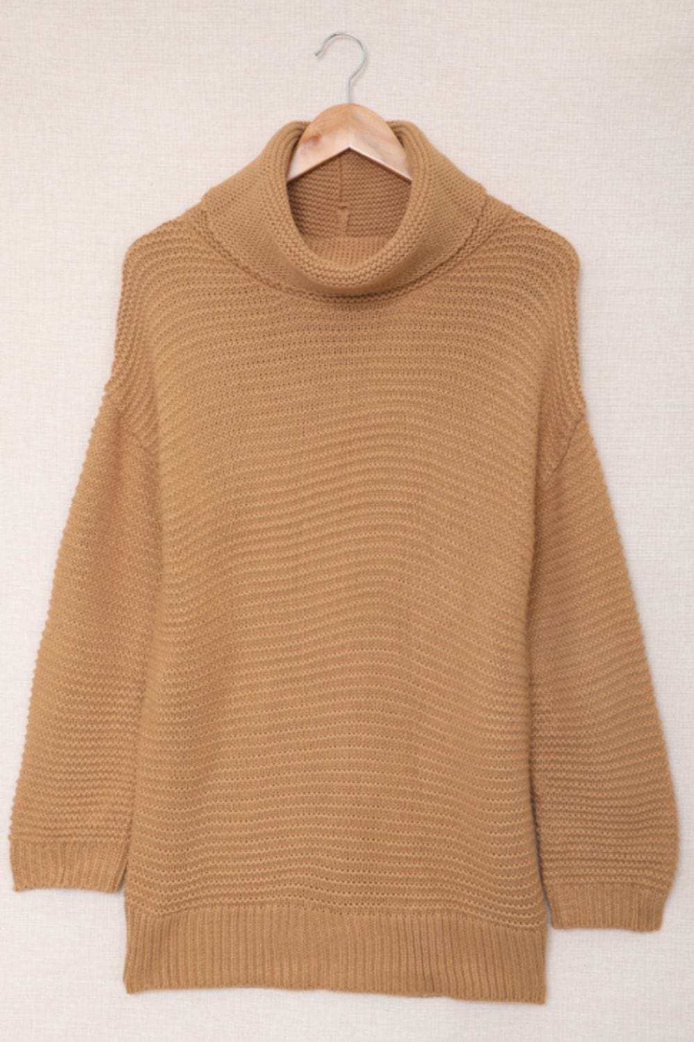 Side Slit Turtleneck Long Sleeve Sweater - Trendsi - Flyclothing LLC