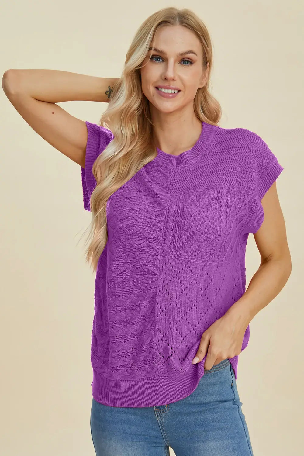 Double Take Full Size Cable-Knit Round Neck Cap Sleeve Sweater - Trendsi - Flyclothing LLC