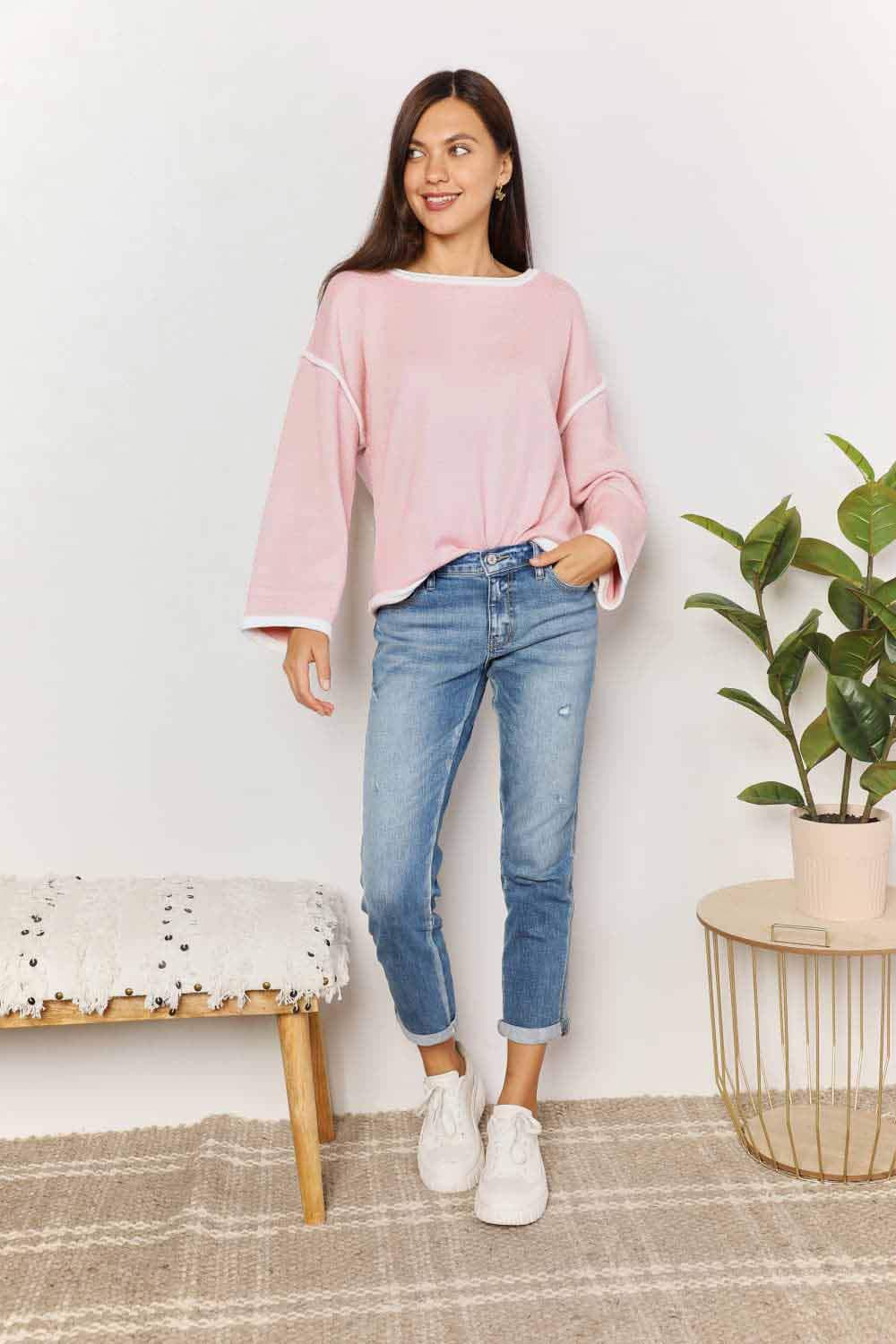 Angel Wings Contrast Detail Dropped Shoulder Knit Top - Trendsi - Flyclothing LLC