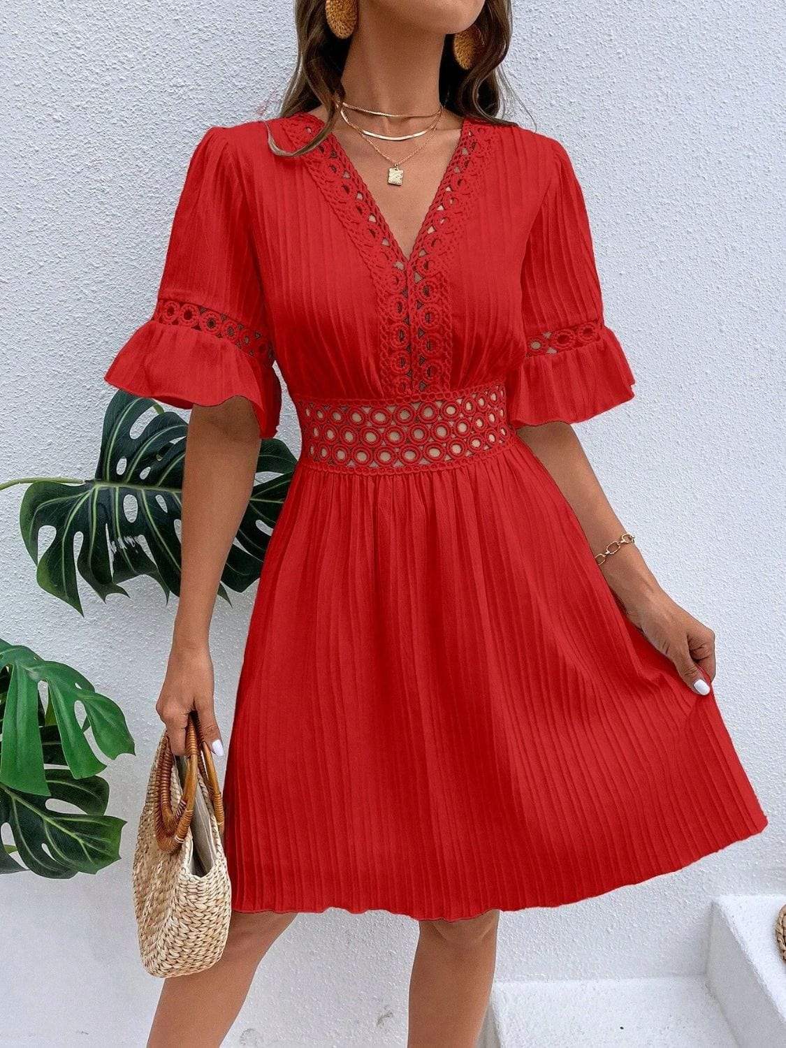 Cutout V-Neck Flounce Sleeve Mini Dress - Trendsi - Flyclothing LLC