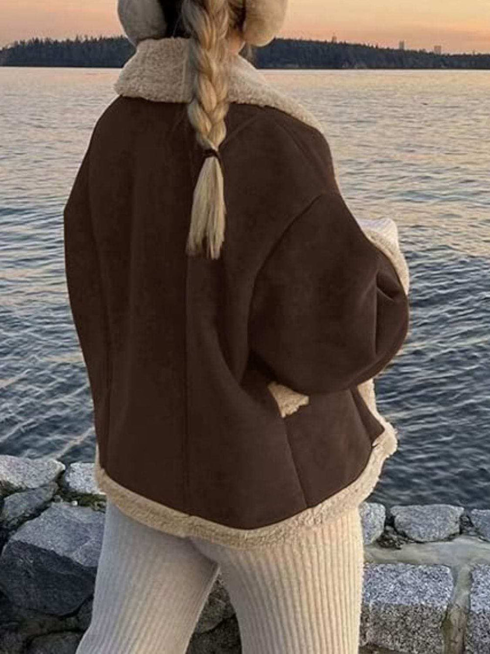 Fuzzy Collared Neck Long Sleeve Jacket - Trendsi - Flyclothing LLC