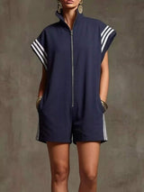 Striped Zip Front Short Sleeve Romper - Trendsi - Flyclothing LLC