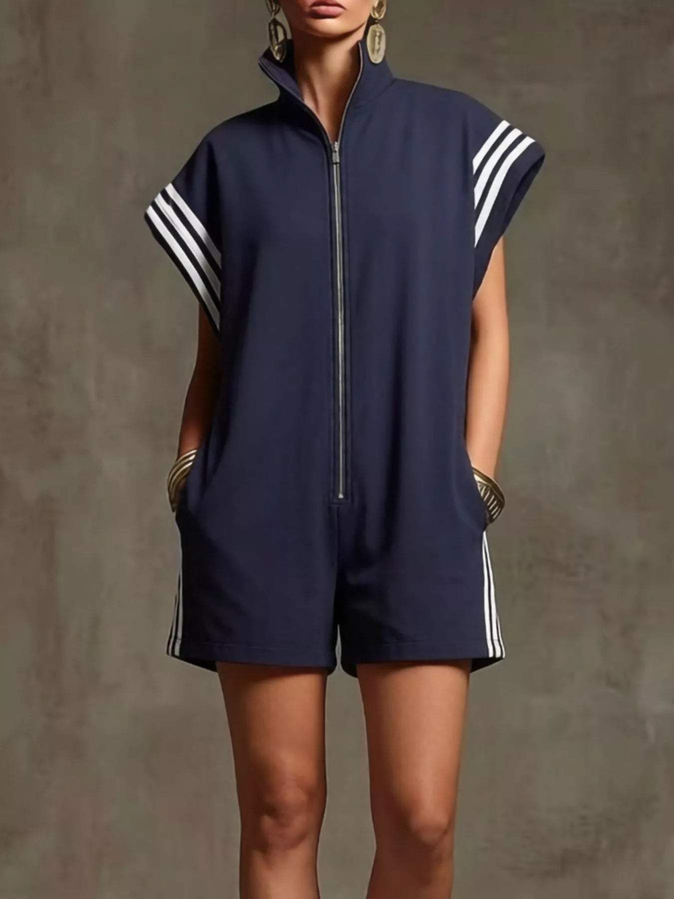 Striped Zip Front Short Sleeve Romper - Trendsi - Flyclothing LLC