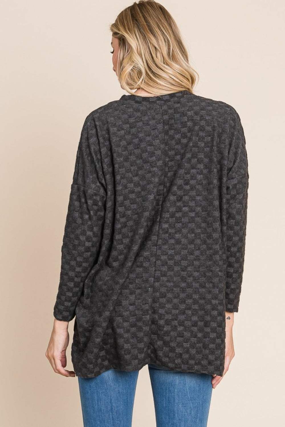 BOMBOM Checkered Long Sleeve V-Neck T-Shirt - Trendsi - Flyclothing LLC
