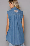 POL Button Down Sleeveless Striped Denim Shirt - Trendsi
